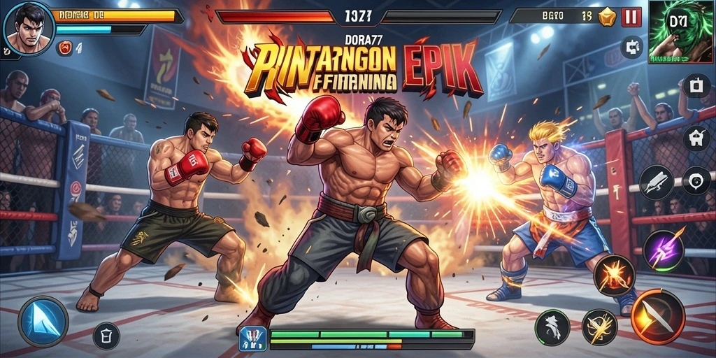 Tampilan gameplay seru dengan pertarungan epik karakter unik DORA77.