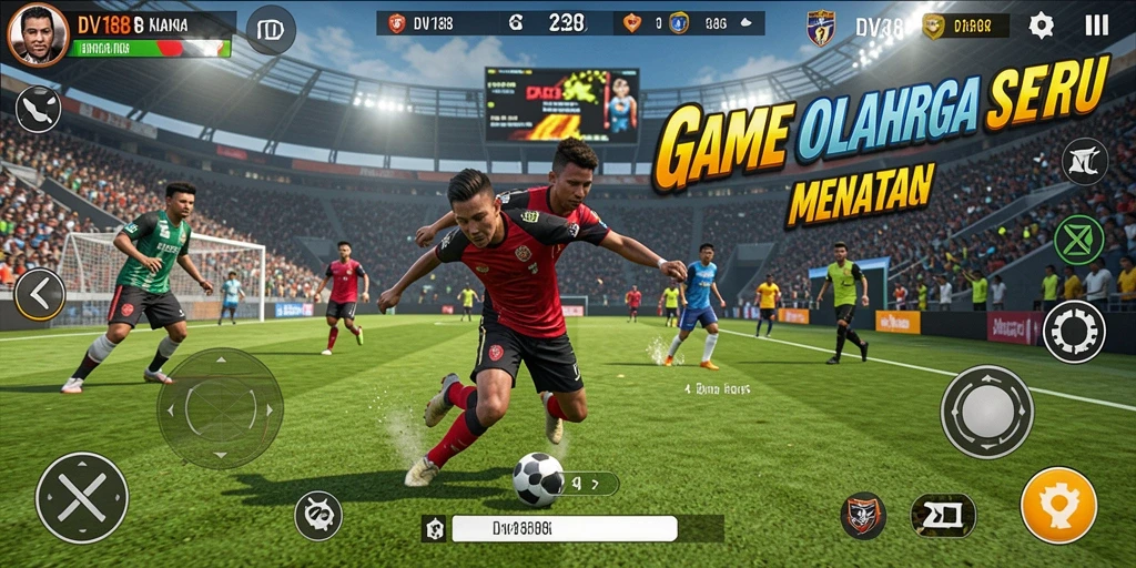 Tangkapan layar gameplay seru dari DV188 yang menunjukkan aksi di arena olahraga.