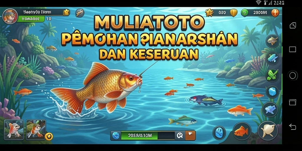 Screenshot gameplay MULIATOTO menampilkan aksi menangkap ikan yang seru dan grafik yang memukau.