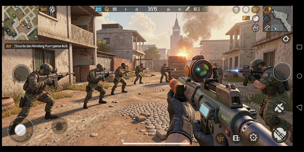 Screenshot aksi mendebarkan di MUSTANG77 menunjukkan gameplay FPS.