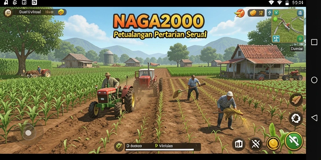 Screenshot NAGA2000 menampilkan aktivitas bertani dan interaksi sosial.