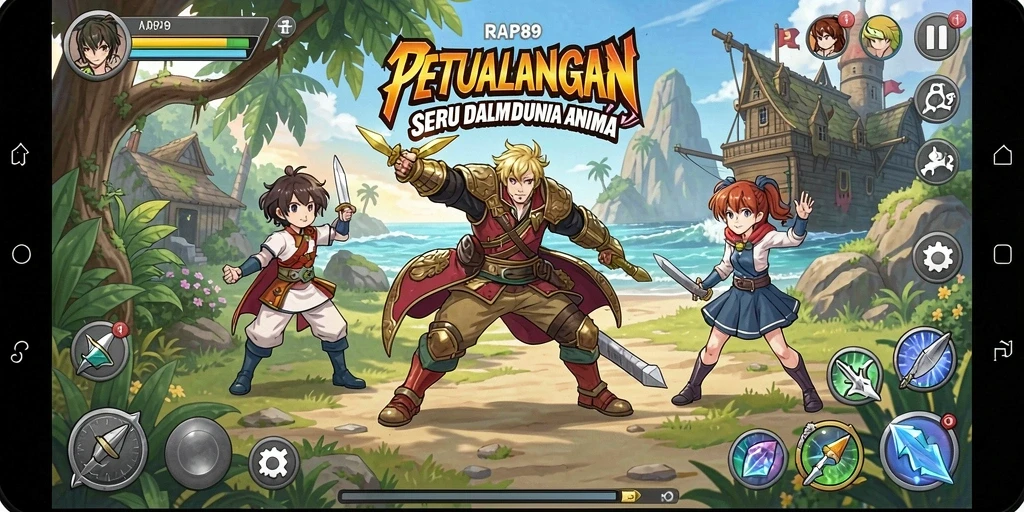 Screenshot utama menunjukkan pertarungan seru di dunia Anime.