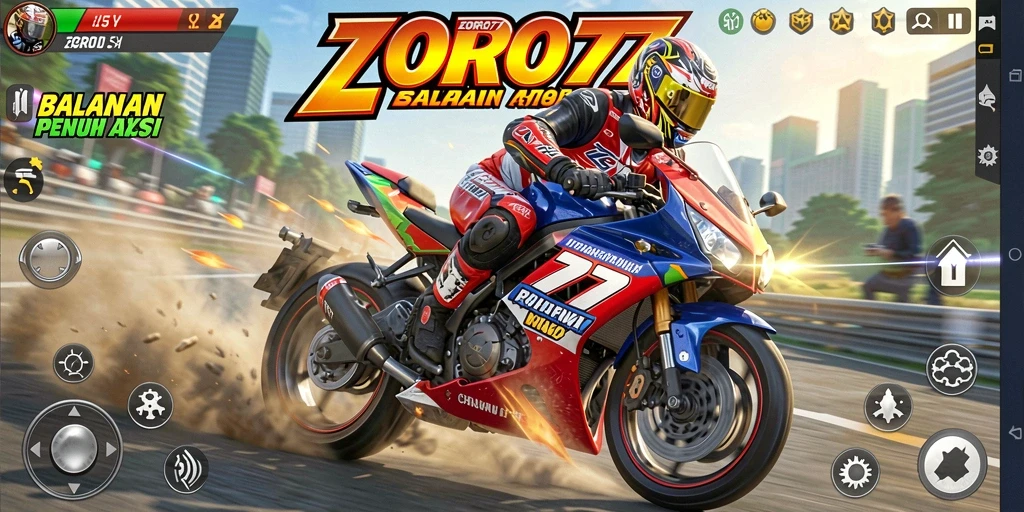 Gameplay mendebarkan dari ZORO77 saat balapan motor di trek.
